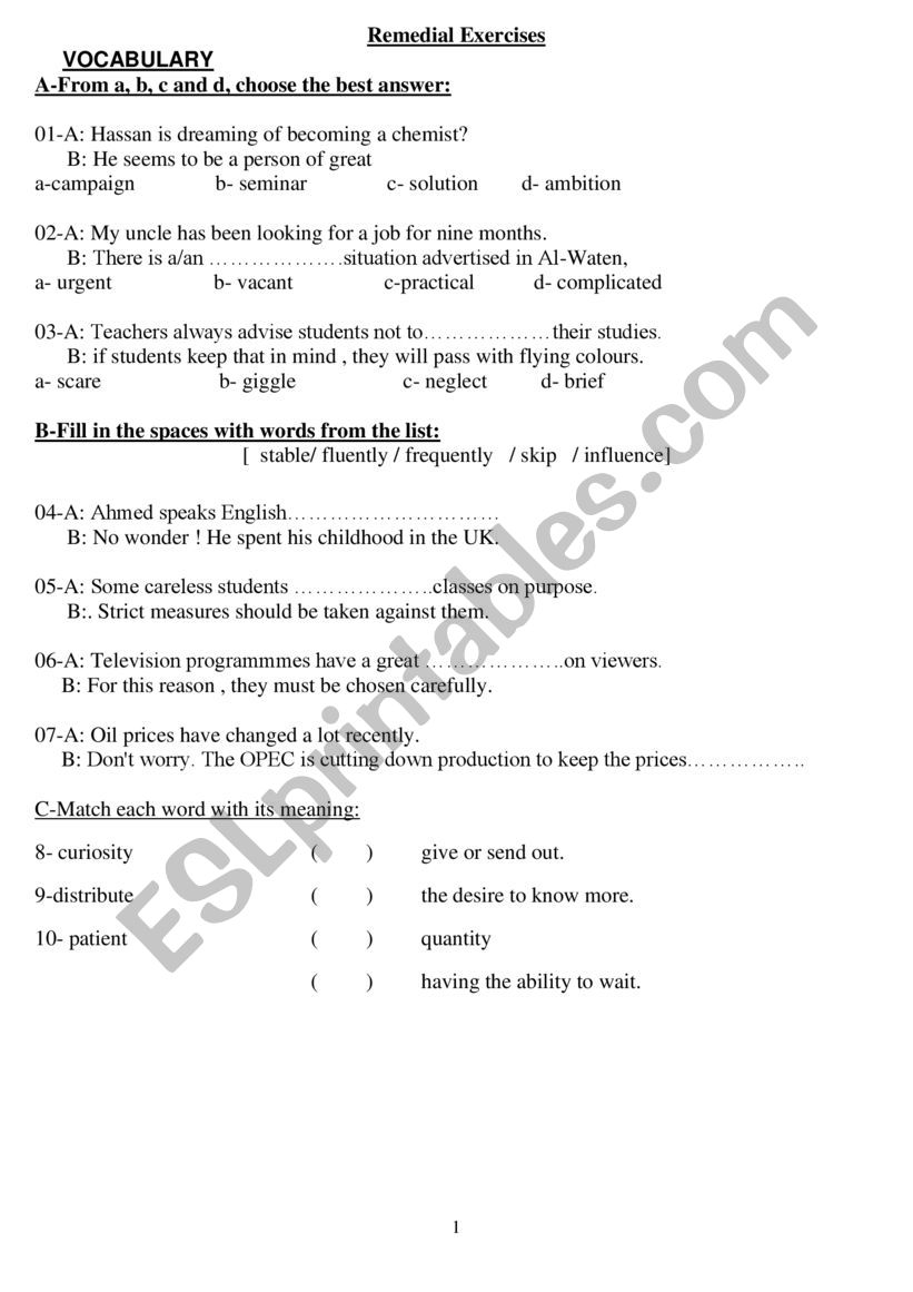 Vocabulary worksheet