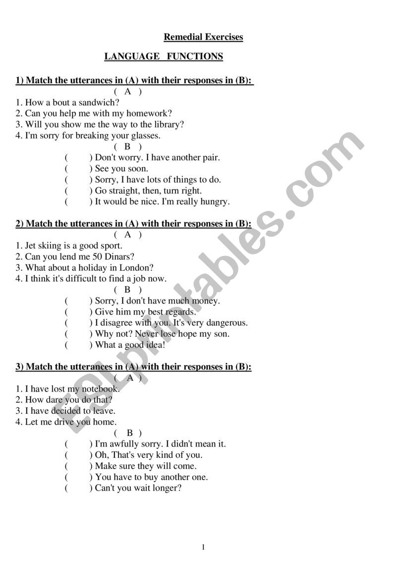 Language Functions worksheet