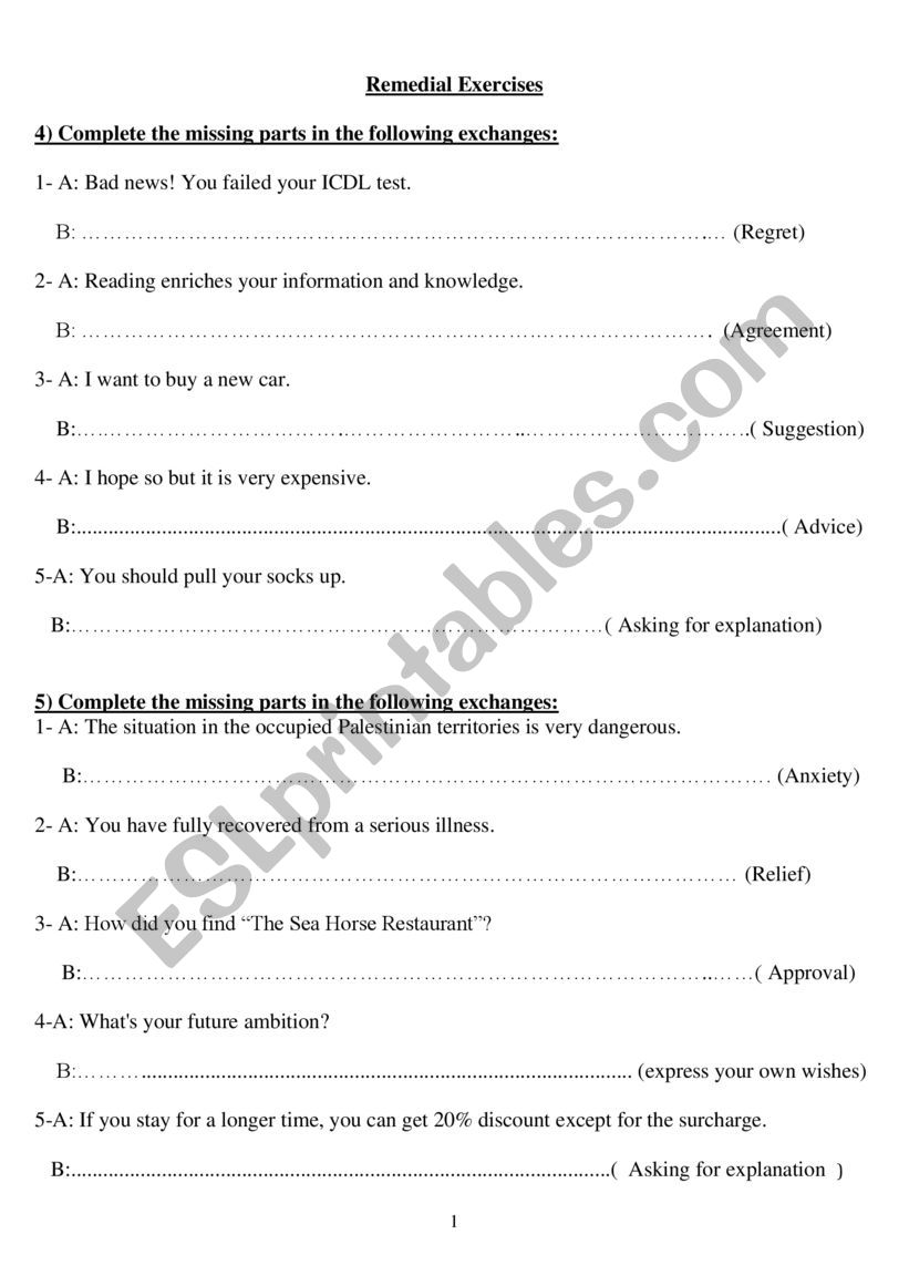 Language Functions worksheet