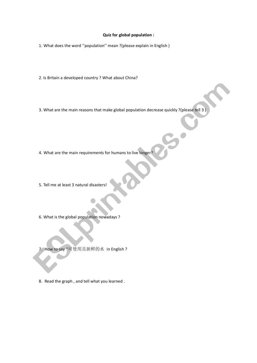 a quiz for global population  worksheet