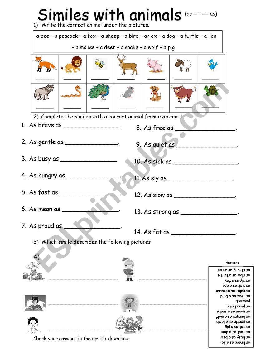 Similes with animals worksheet