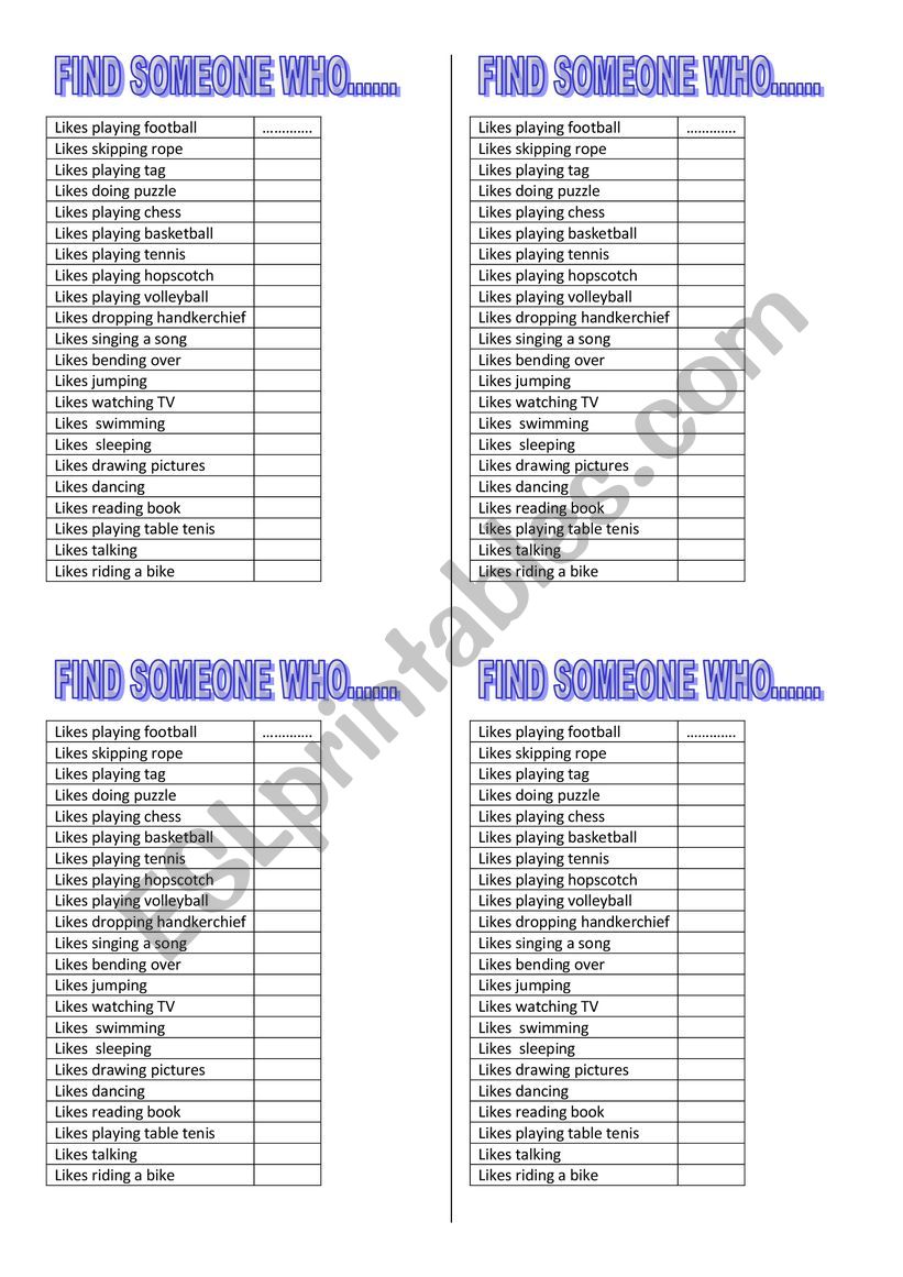 FIND SOMEONE WHO worksheet