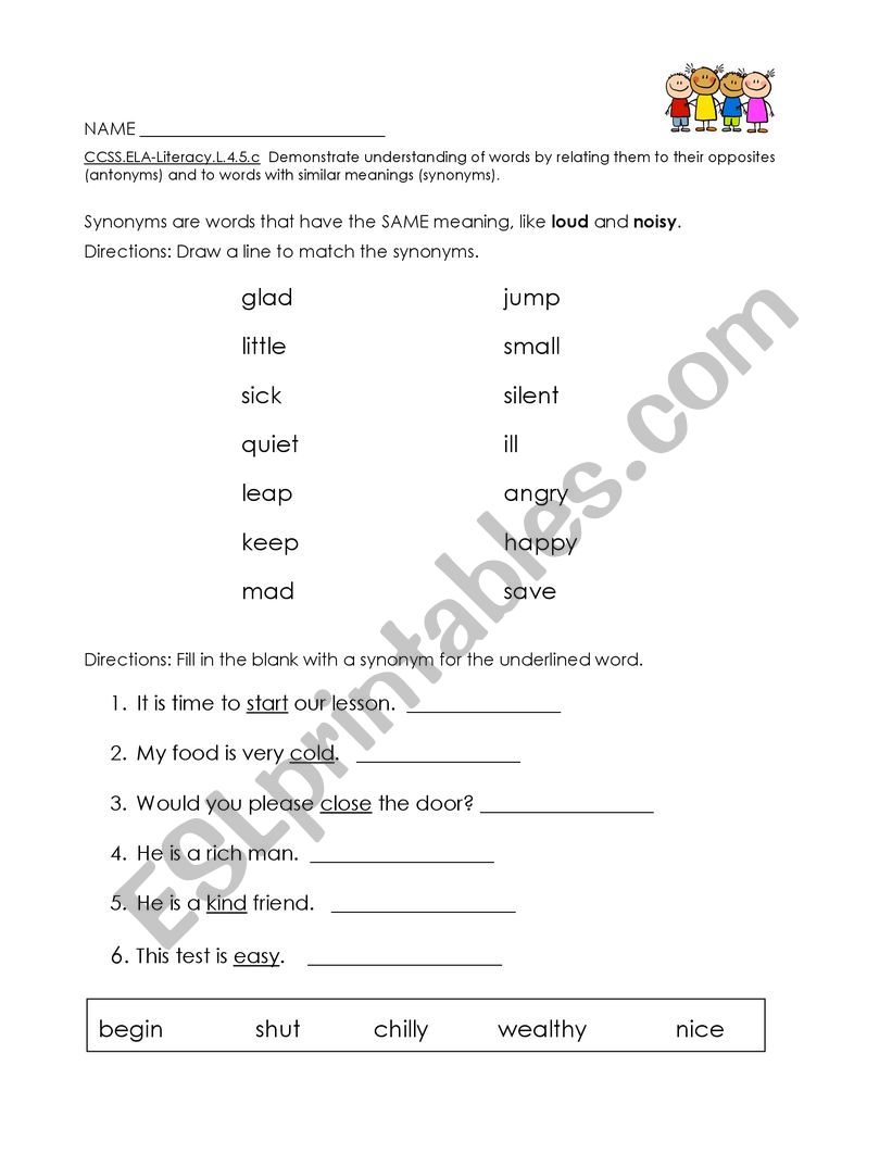 synonym worksheet worksheet