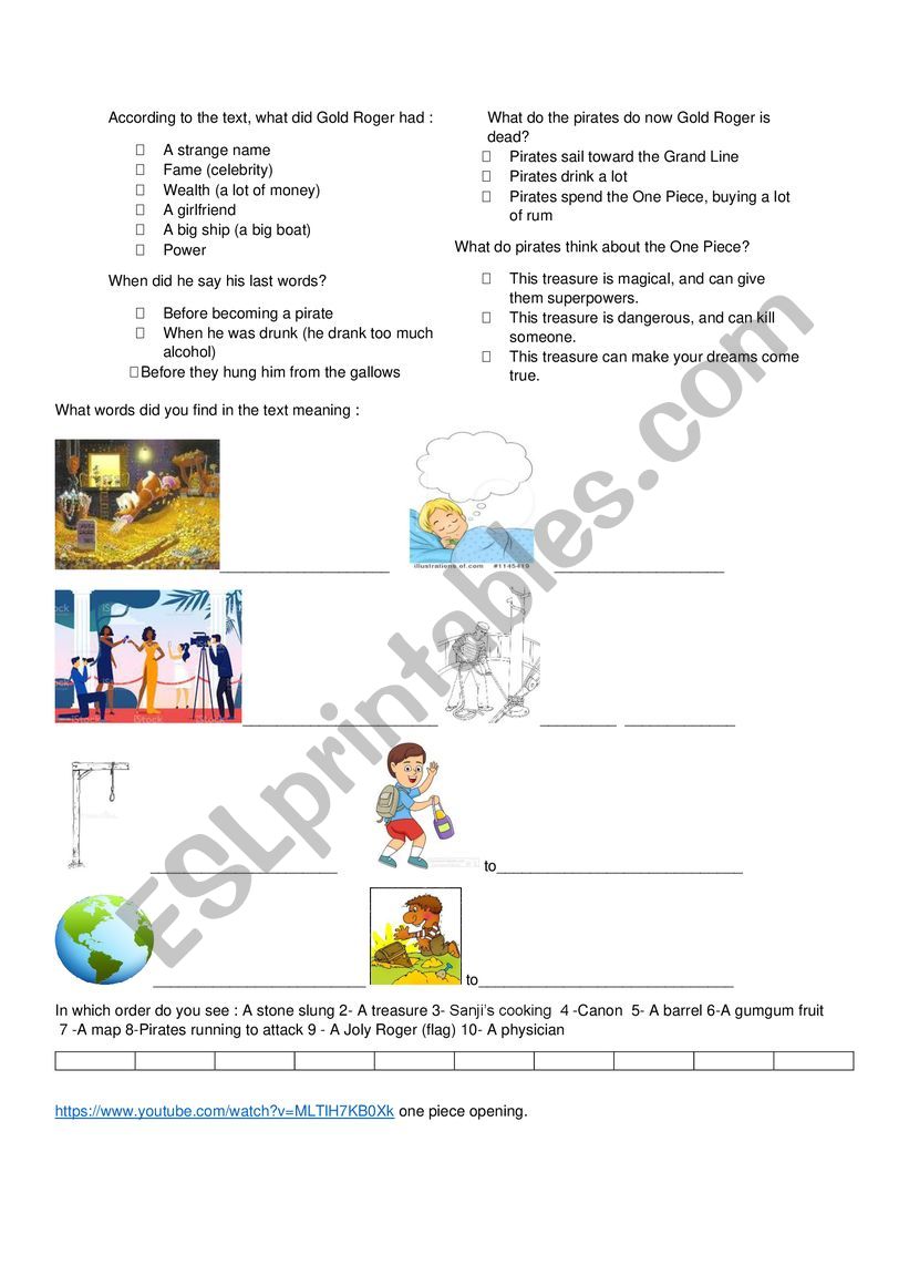 One piece opening  worksheet