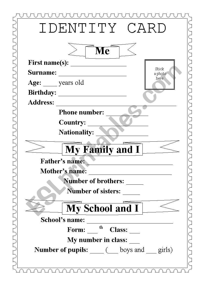 Identity Card worksheet