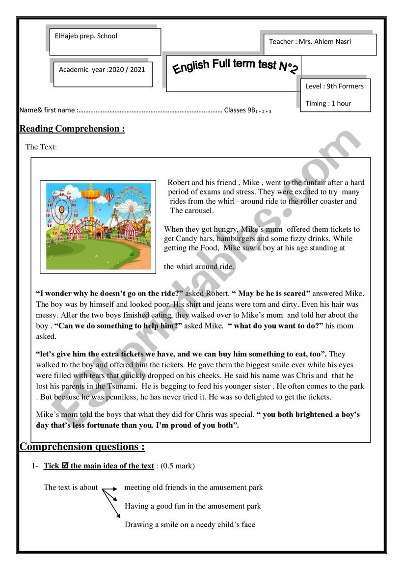 end of term test N3 worksheet