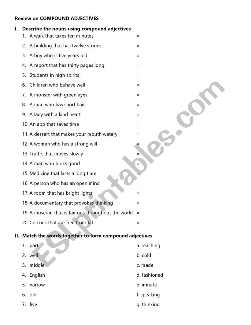 Compound Adjectives - Key answer included