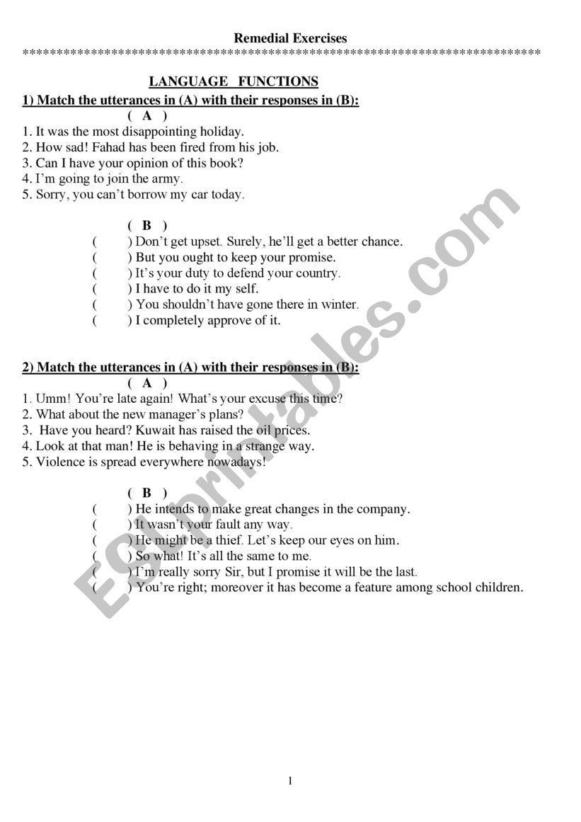 Language Functions worksheet