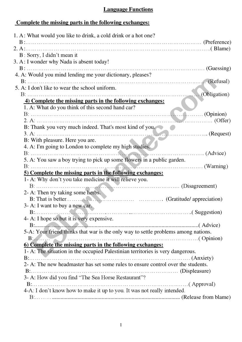 Language Functions worksheet