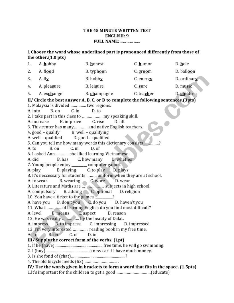 Grade 9 TEST  worksheet