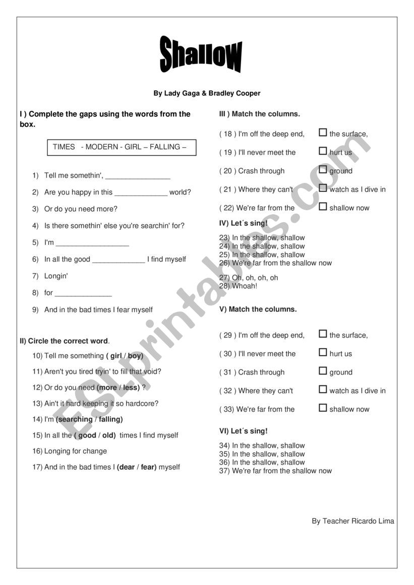 Shallow song worksheet