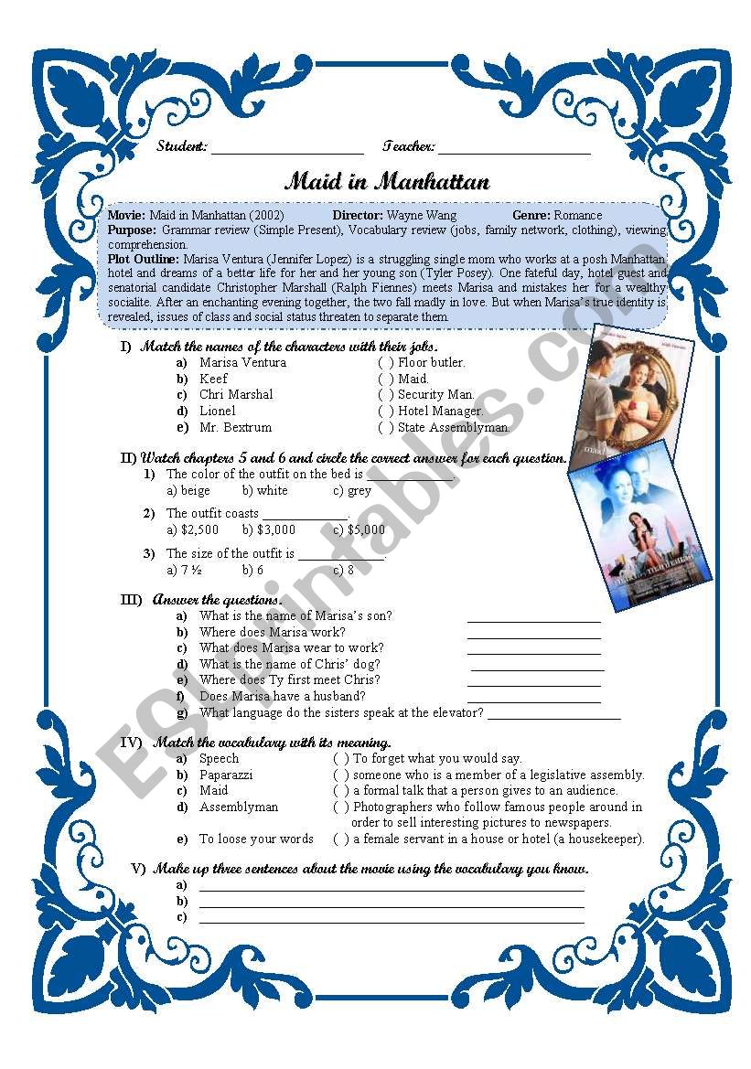 Maid in Manhattan worksheet