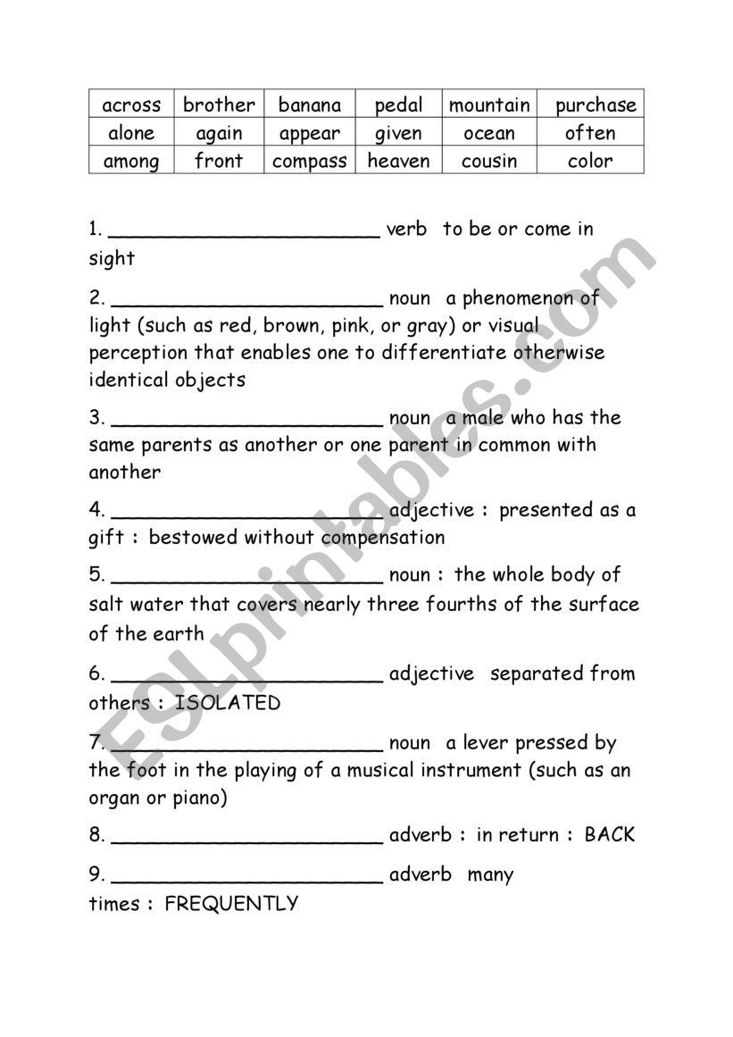 Spelling Words Definitions Grade 4 Week 10