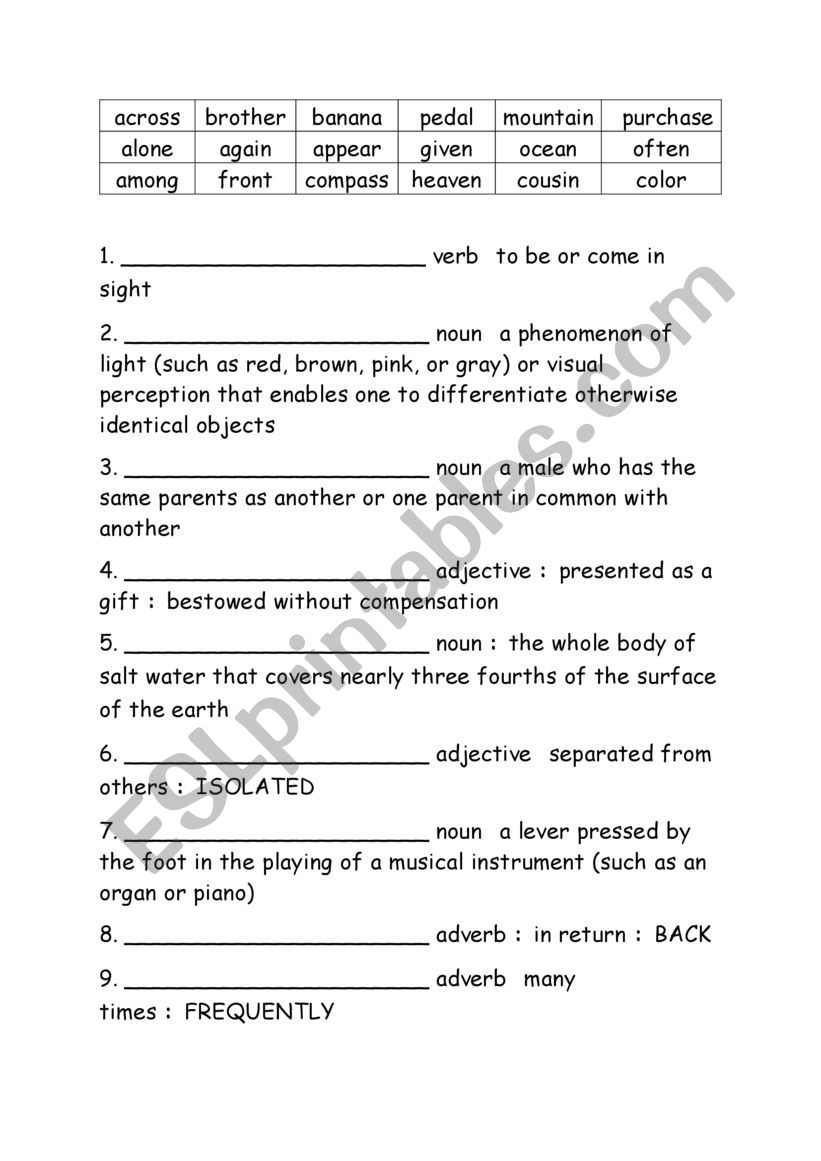 Spelling Words Definitions Grade 4 Week 10