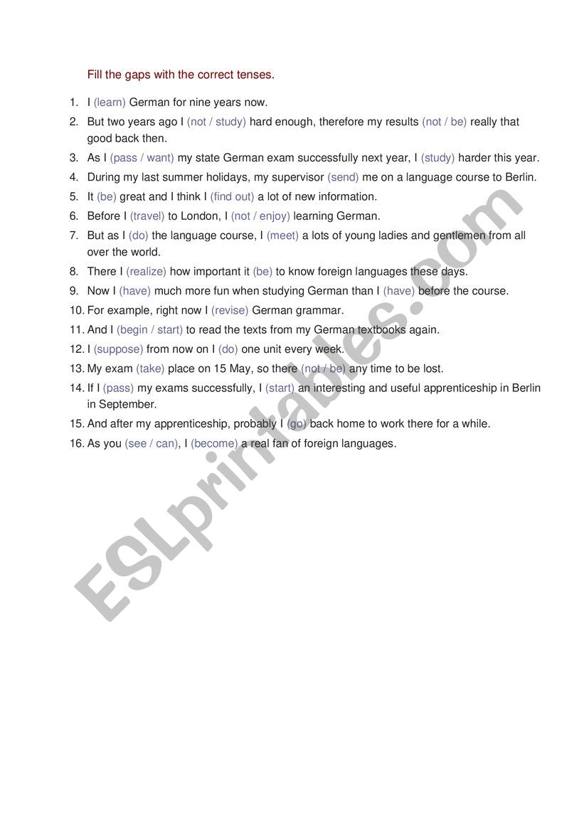 Mixed tenses (Present, Past, Future) task for students