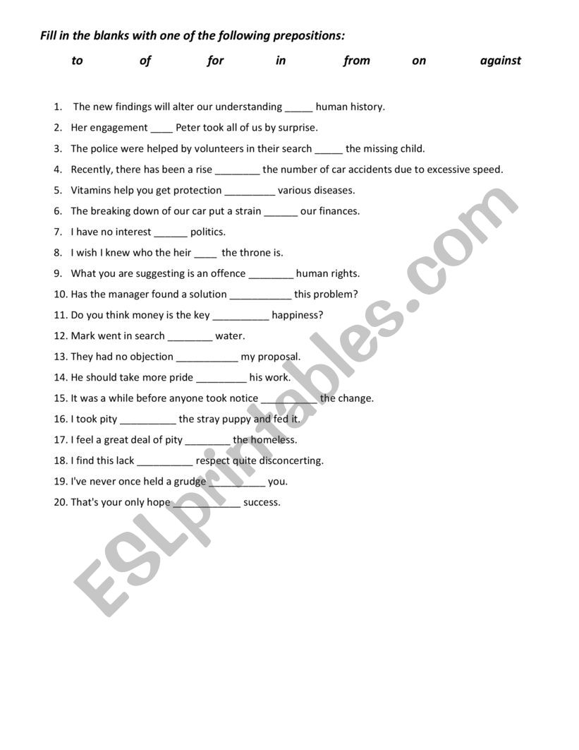 Noun of preposition worksheet