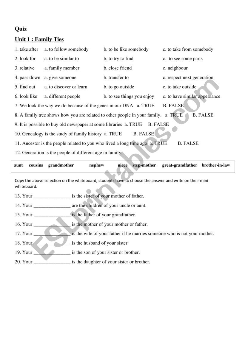 Family Ties worksheet