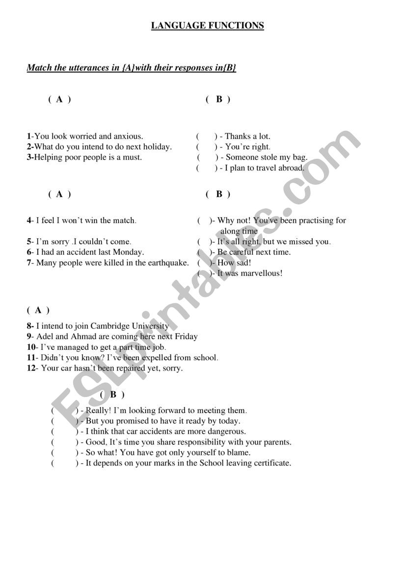 Language Functions worksheet