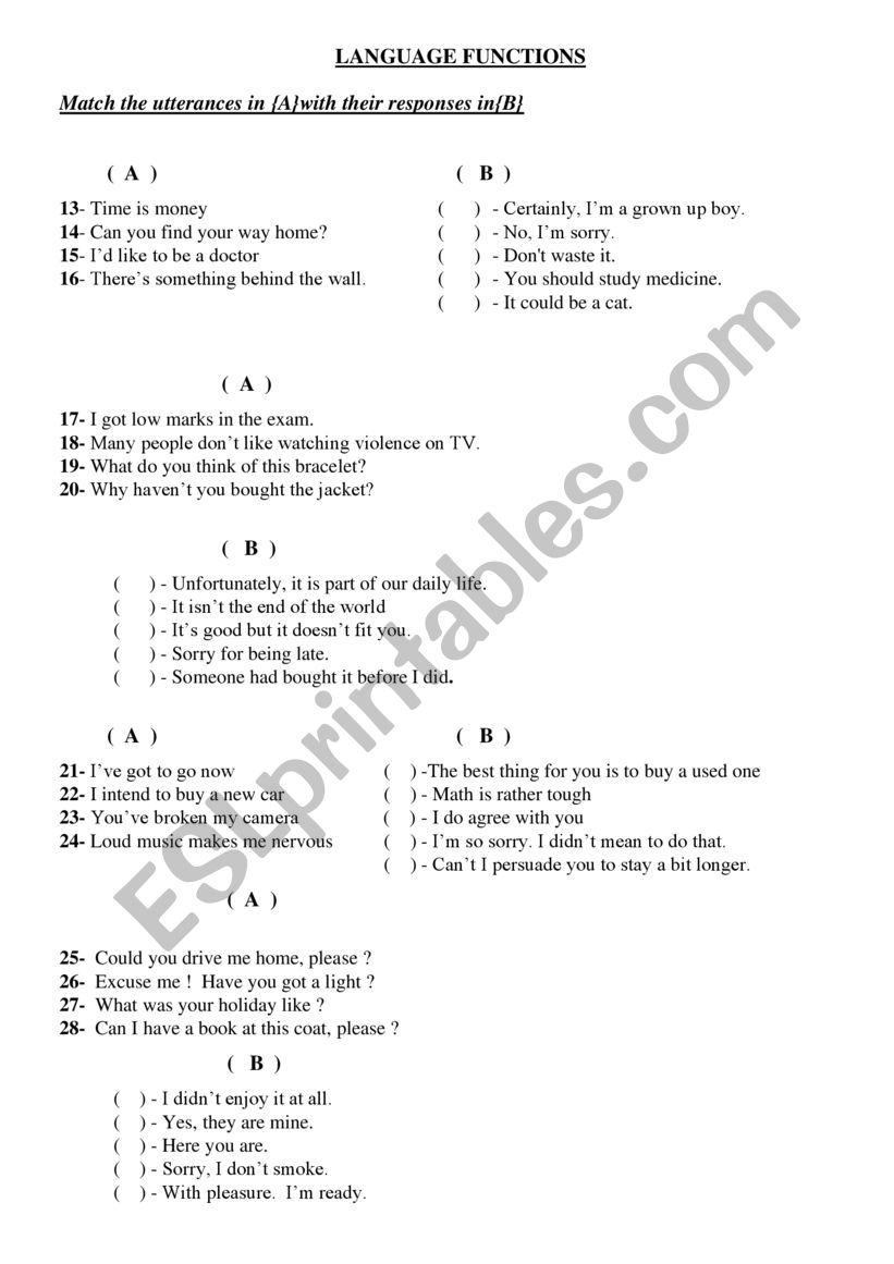 Language Functions worksheet