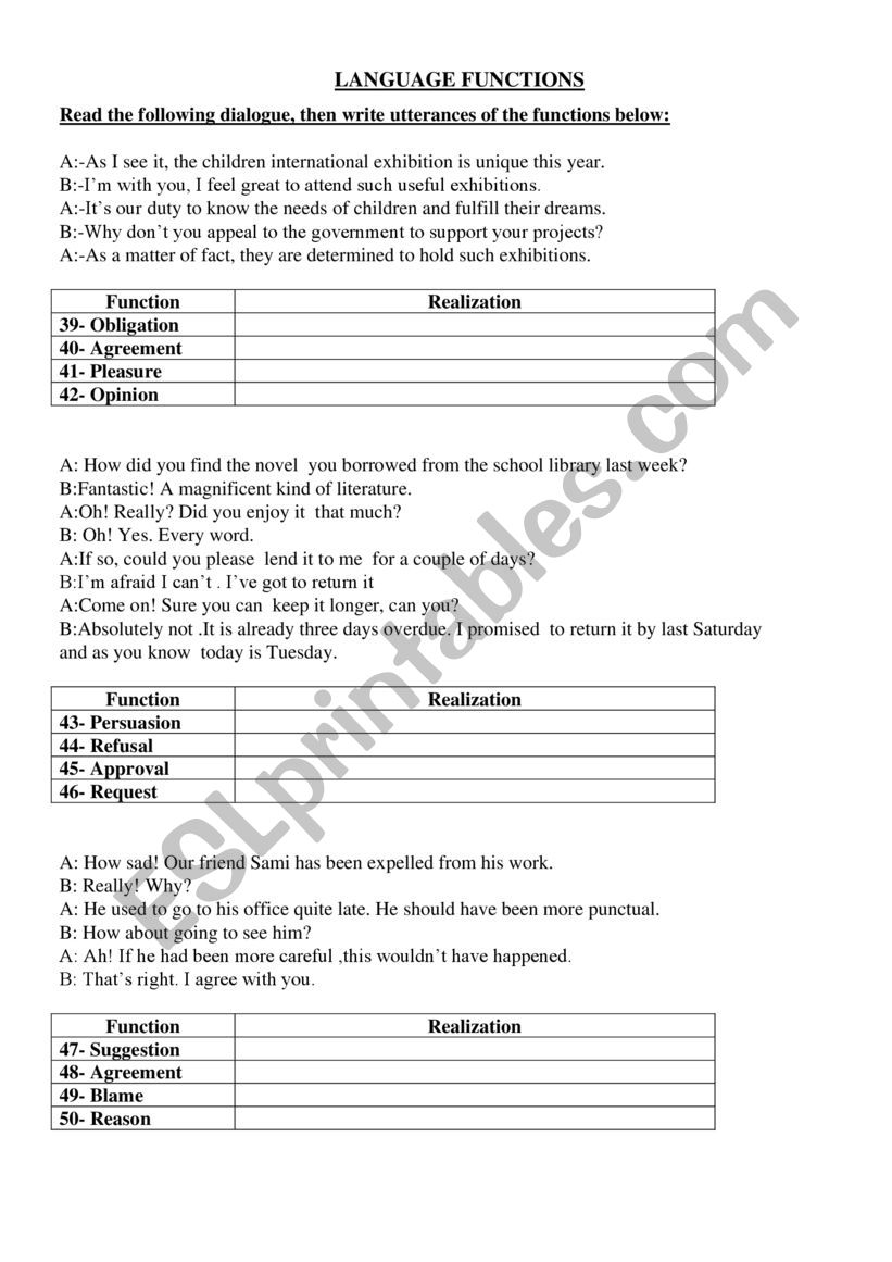 Language Functions worksheet