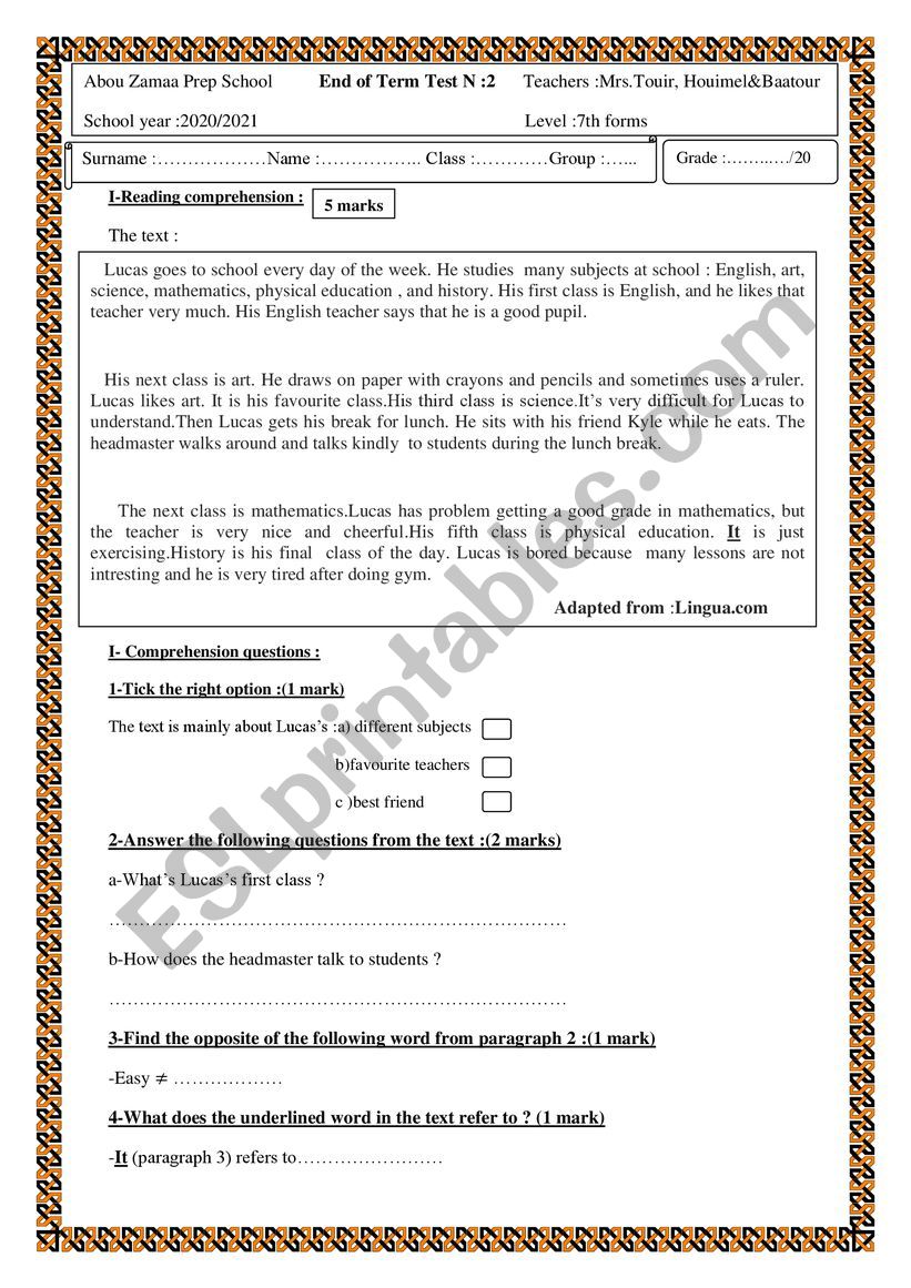 end of term test n 3 worksheet