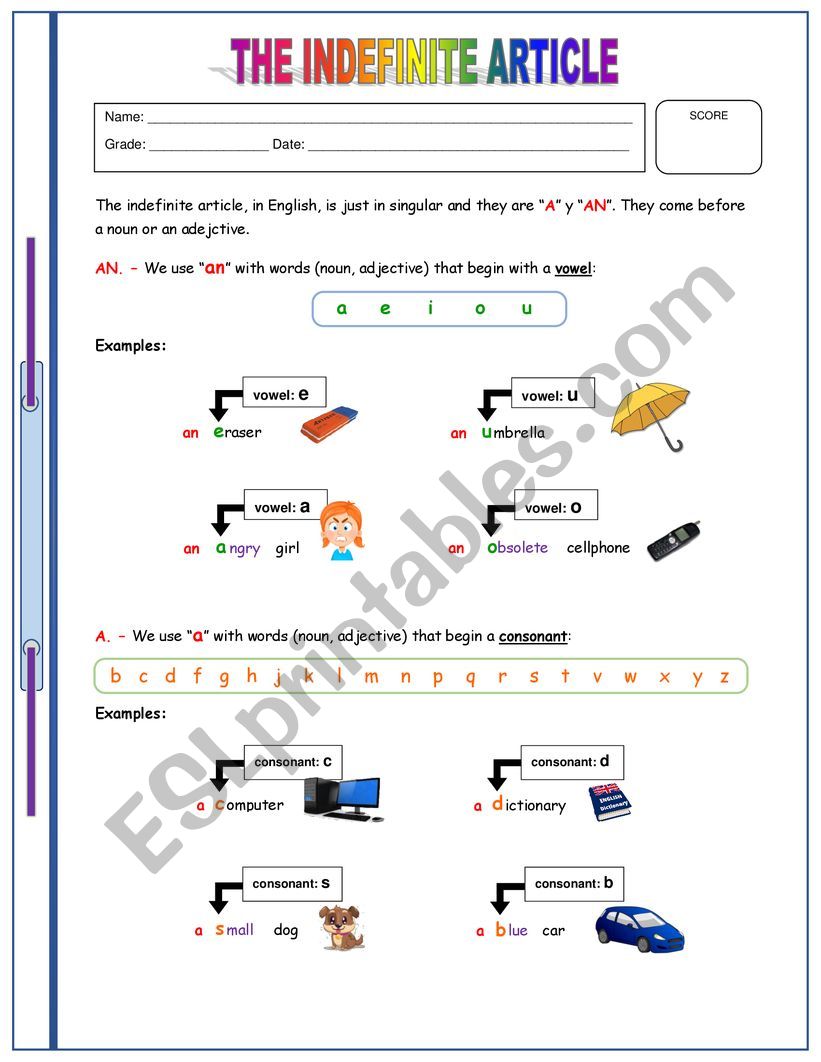 the indefinite article worksheet