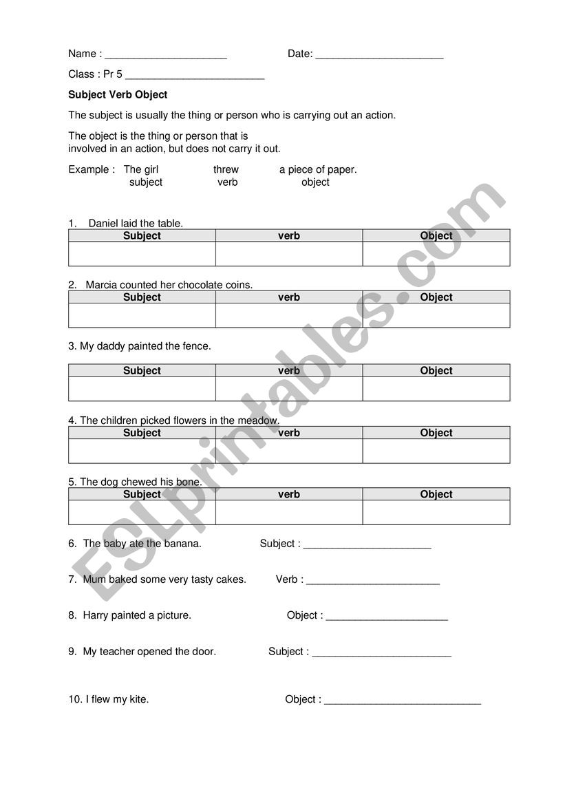 Subject Verb Object worksheet