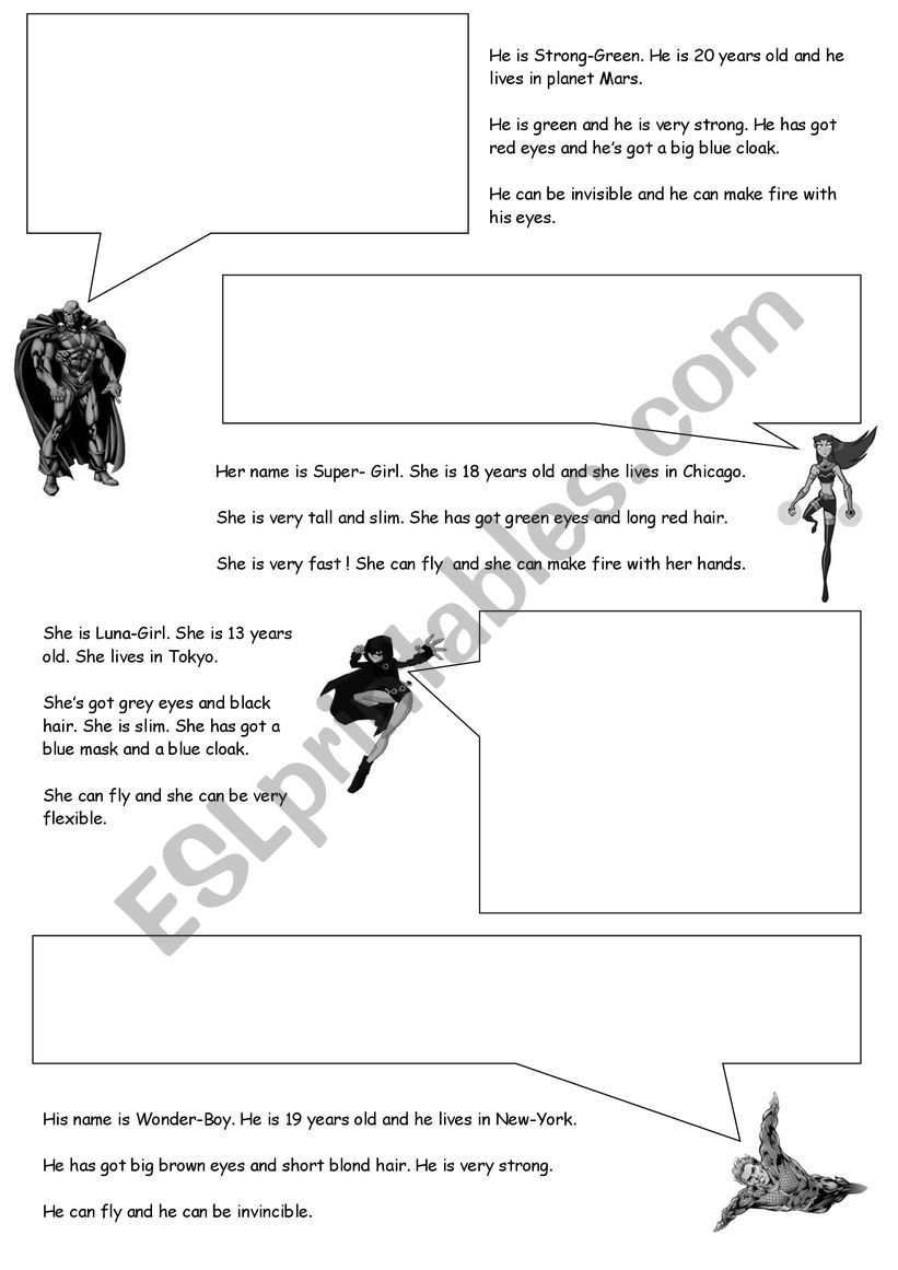 Super hero description worksheet