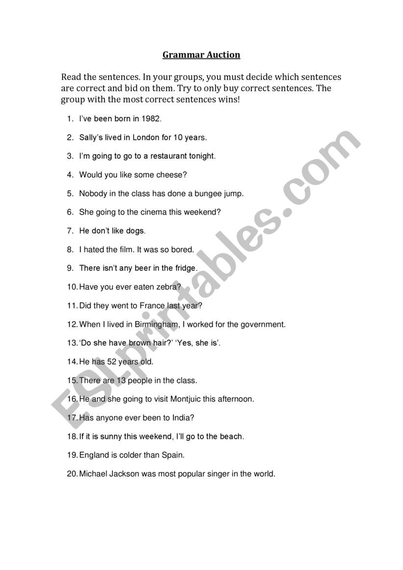 GRAMMAR AUCTION worksheet