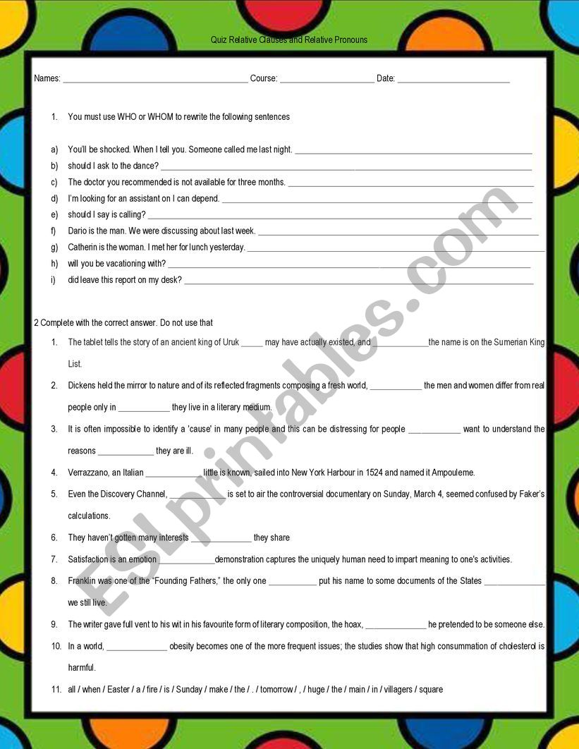 Relative Clauses  worksheet