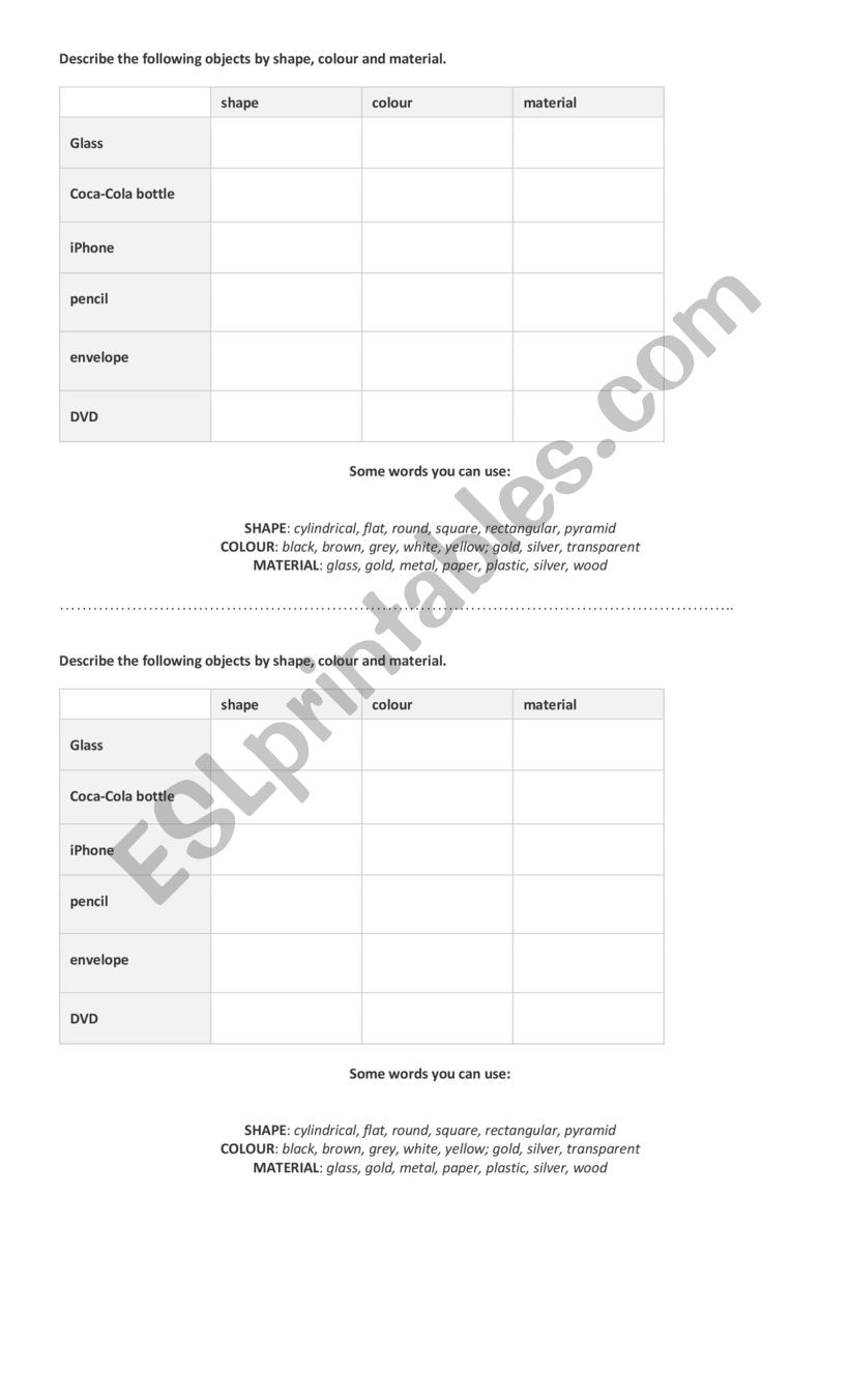 describing objects worksheet