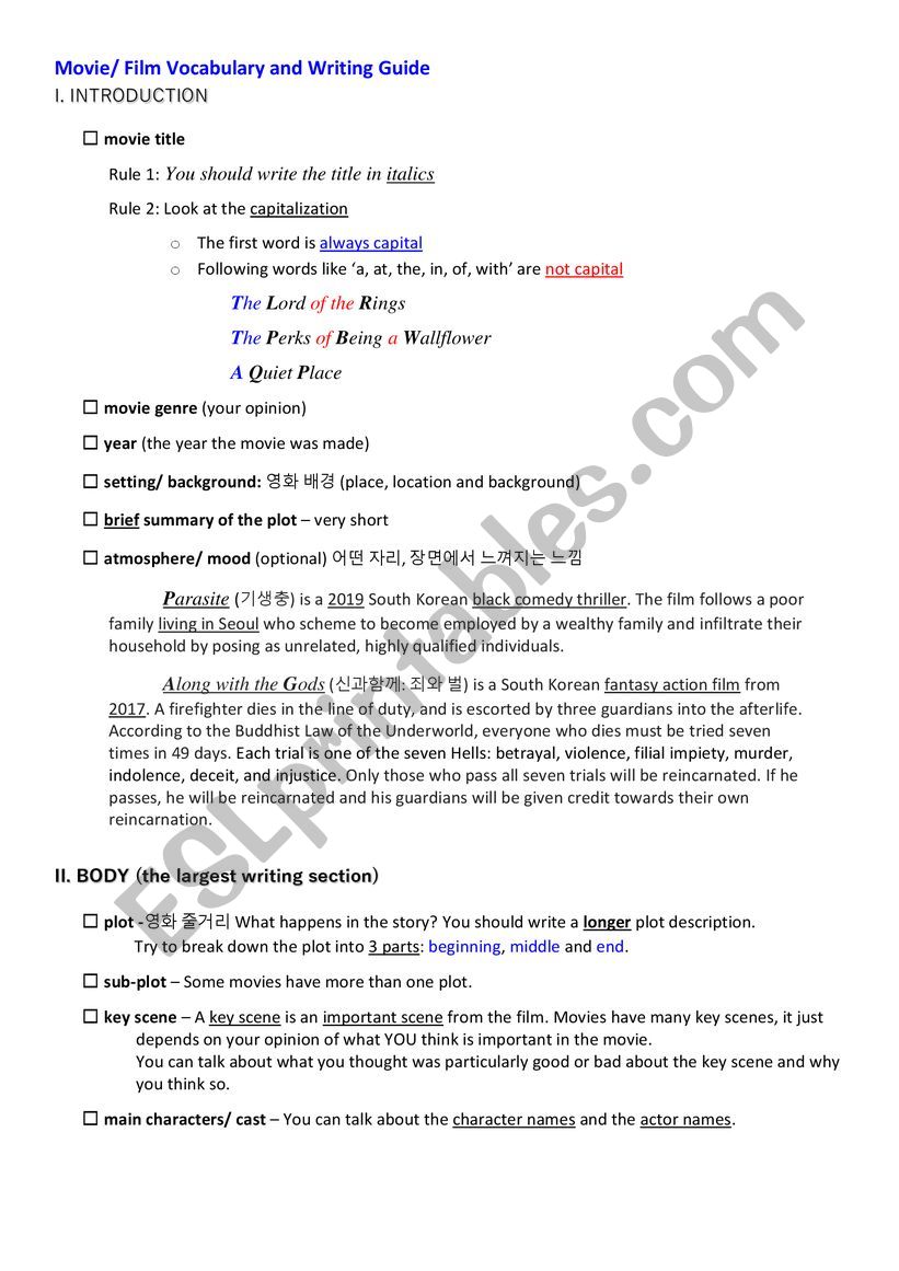 Writing a Film Review worksheet