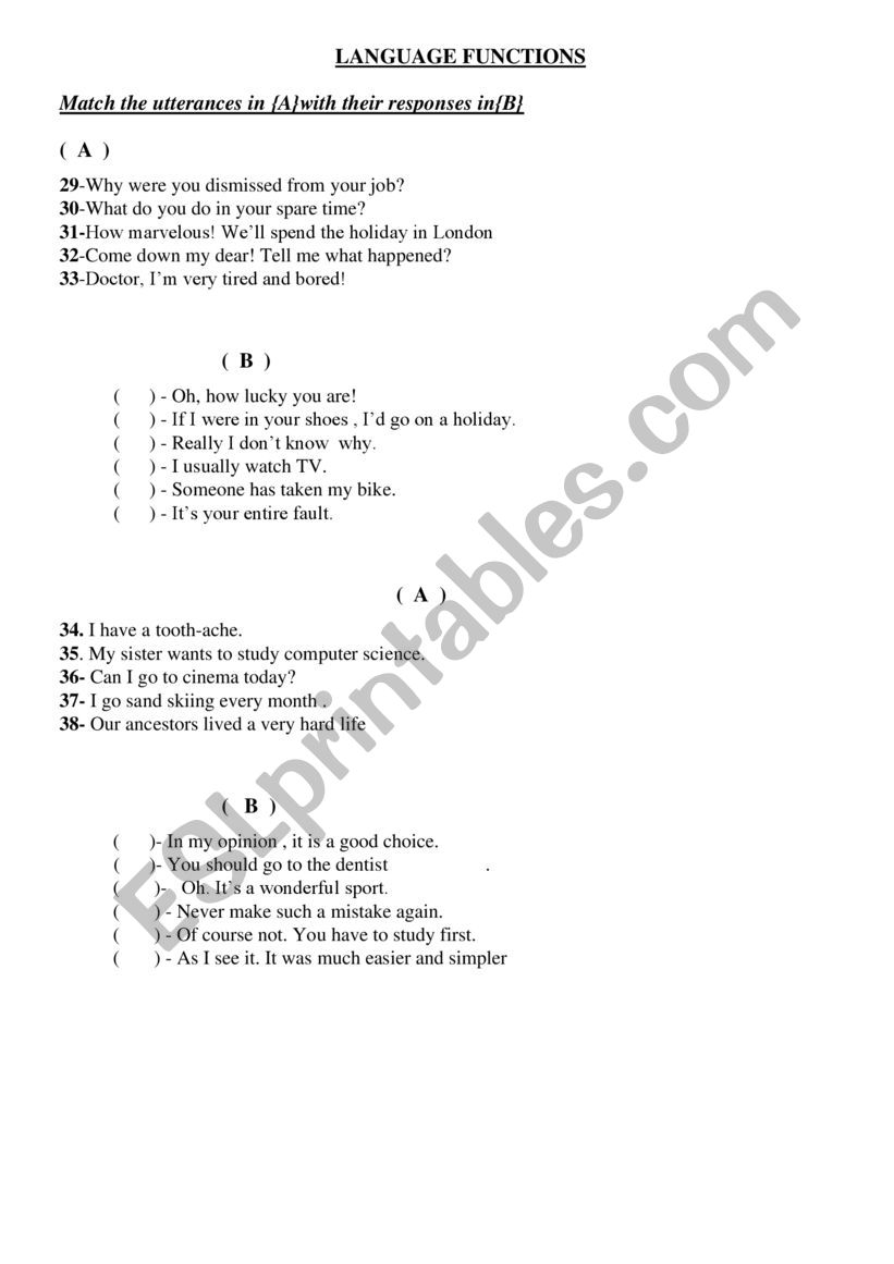 Language Functions worksheet