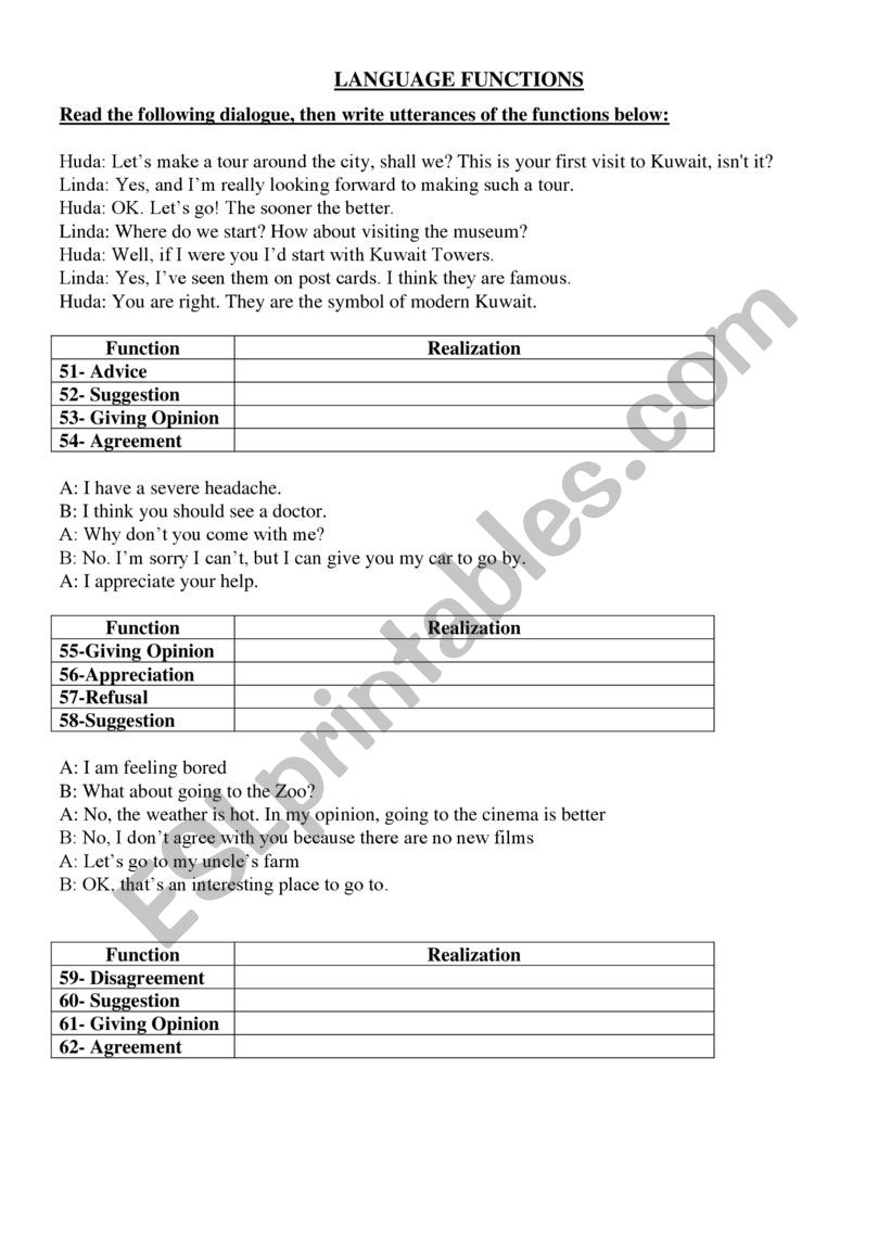 Language Functions worksheet