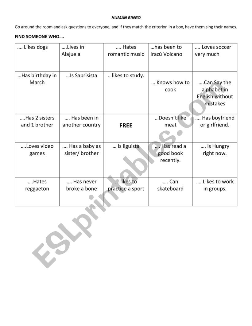 human bingo worksheet