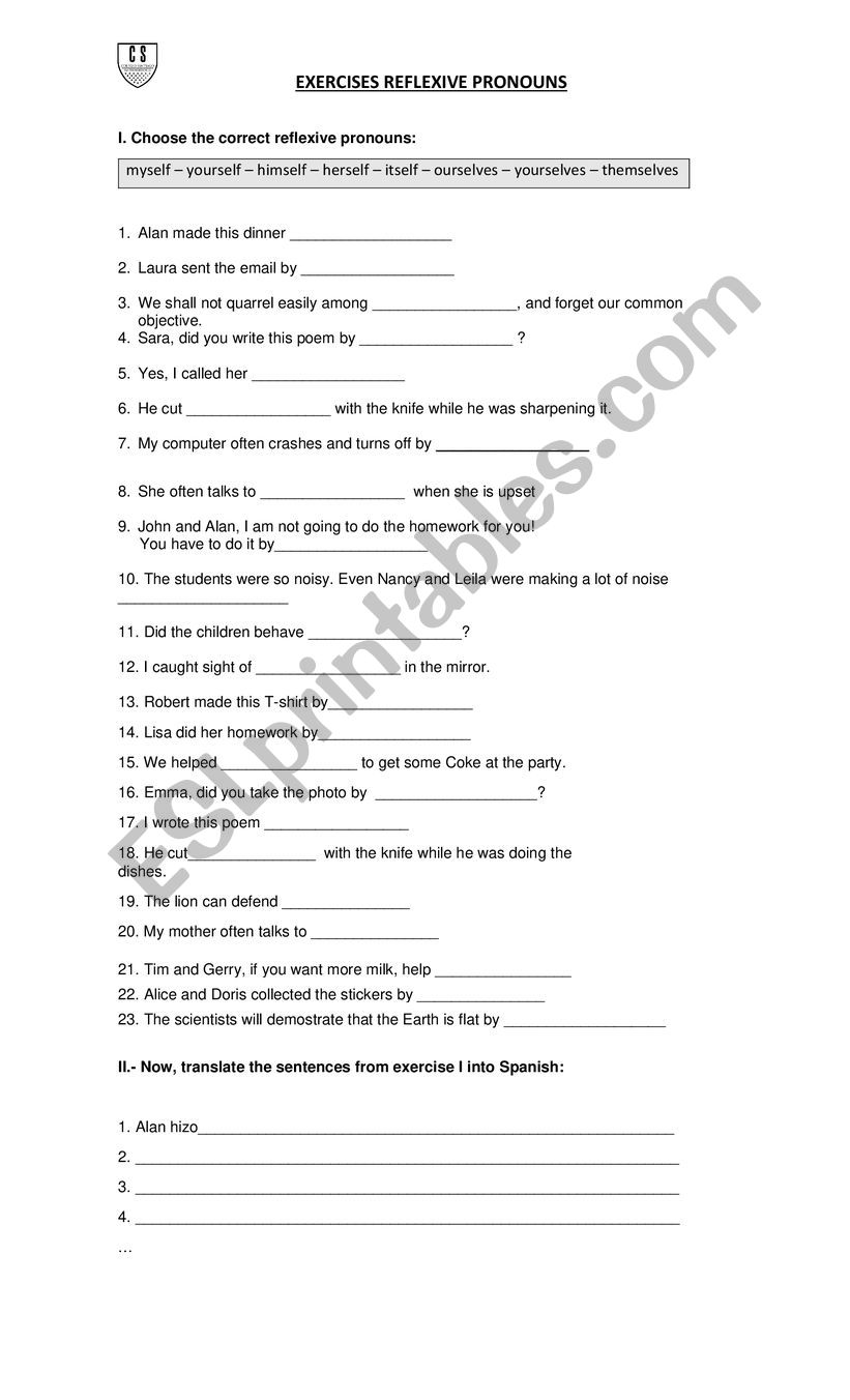 Reflexive pronouns worksheet