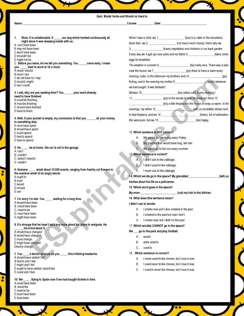 Modals and Would vs Used to  worksheet