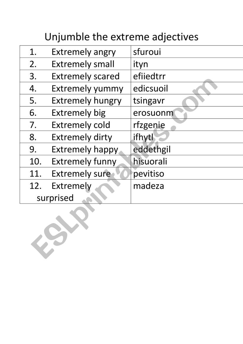 Unjumble extreme adjectives  worksheet