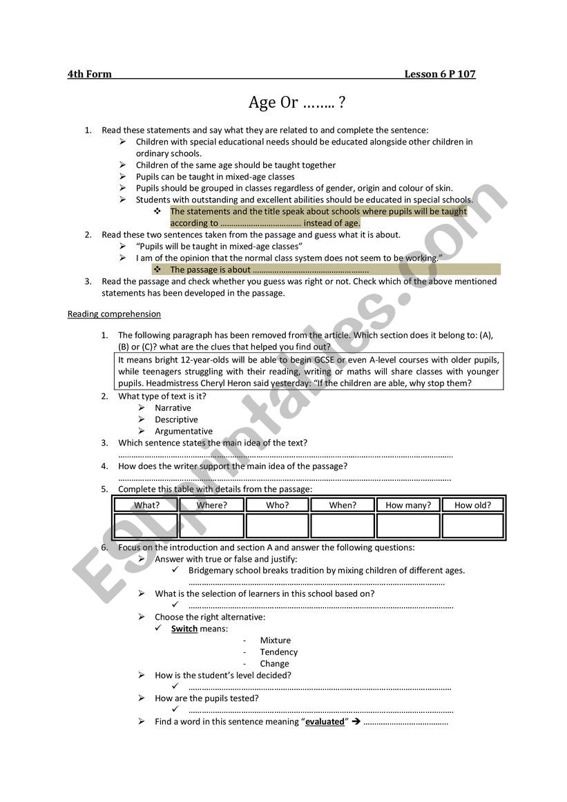 4th form lesson Age Or ...? worksheet