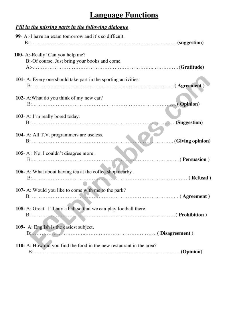 Language Functions worksheet