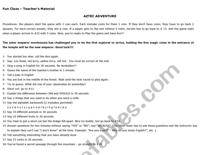 AZTEC ADVENTURE - BOARD GAME worksheet