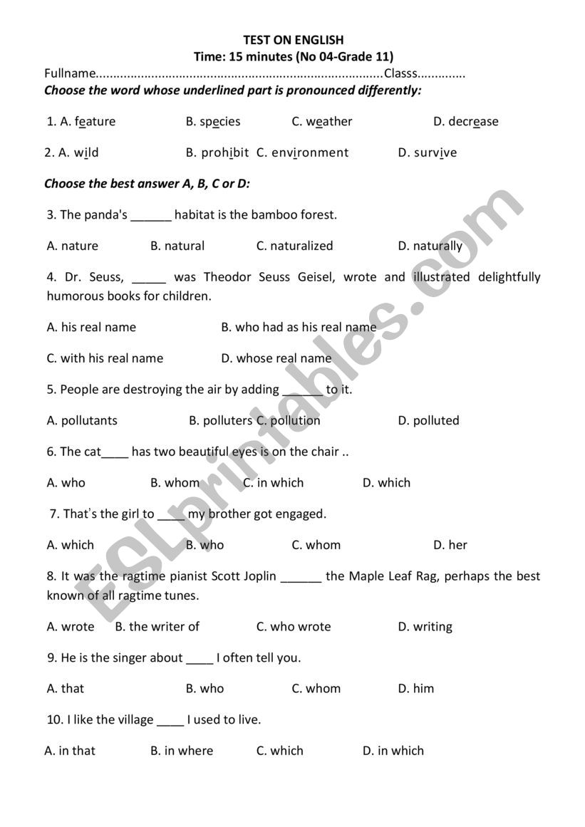 progress test worksheet