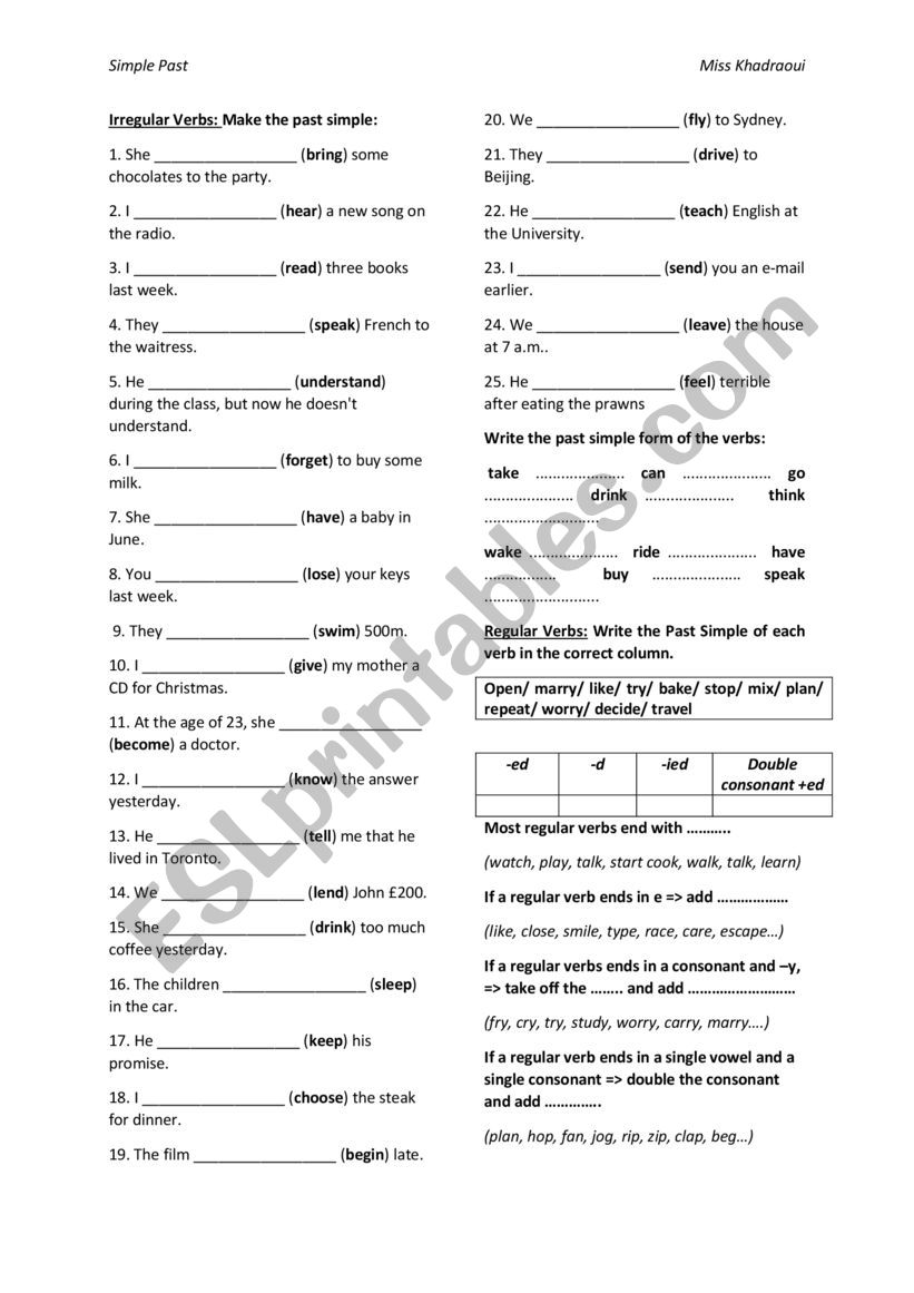 Past Tense: Regular and Irregular verbs tasks