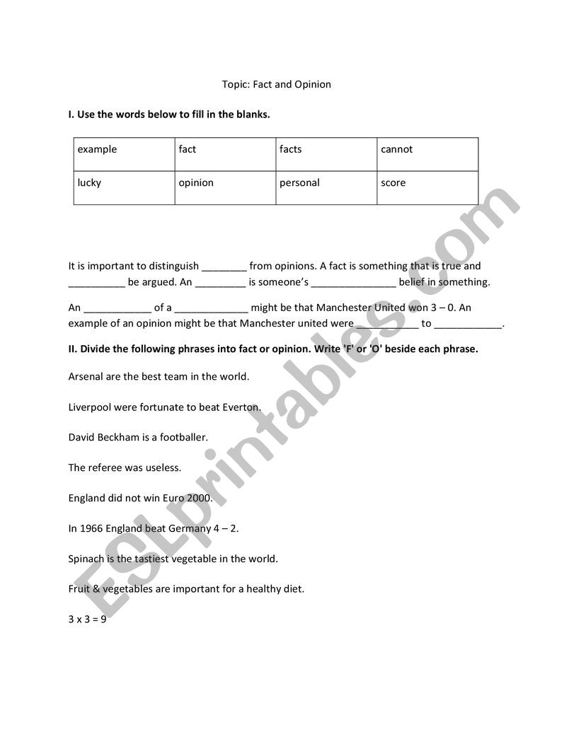 Fact and Opinion practice worksheet