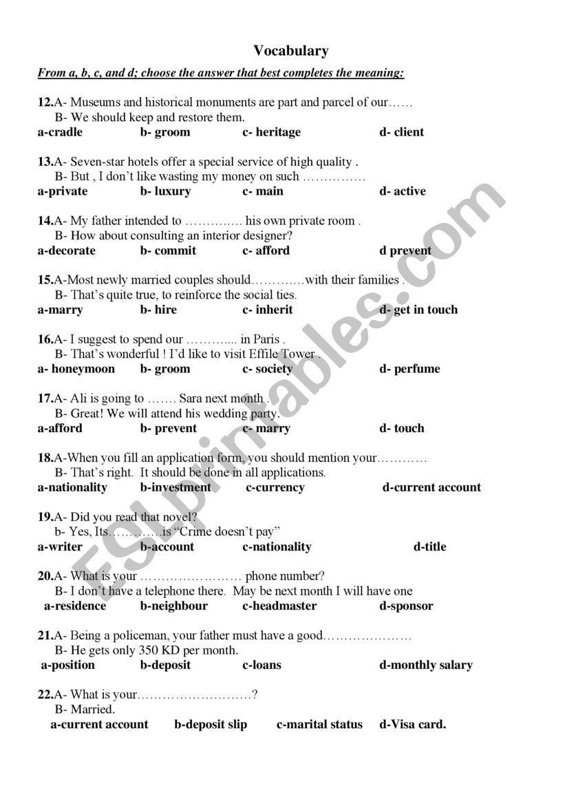 Vocabulary worksheet