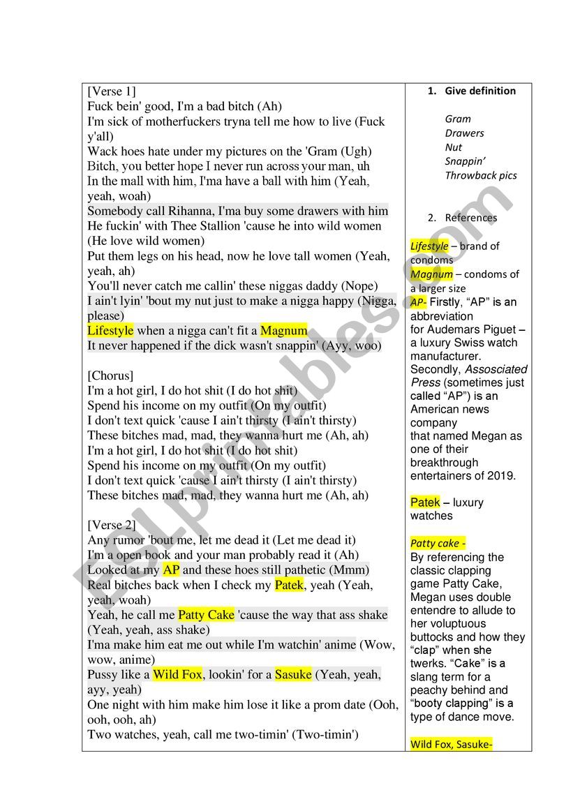 M thee stallion - Girls in the hood (lyrics worksheet)