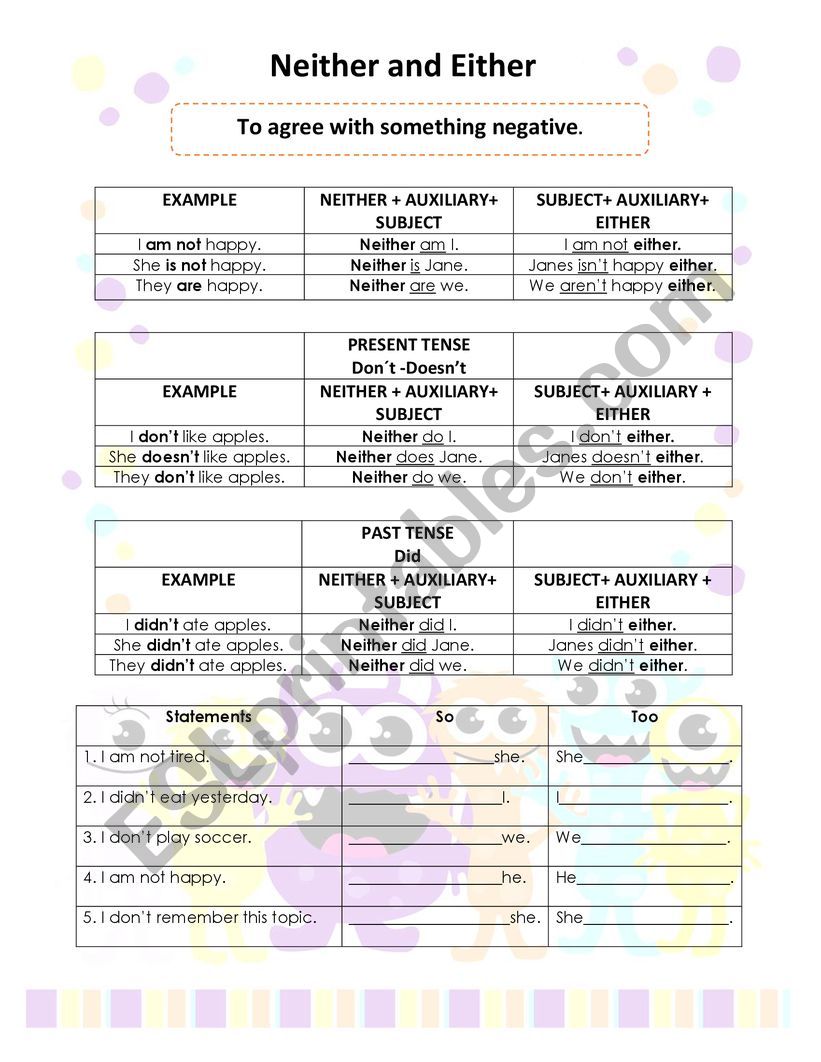 Either and Neither worksheet