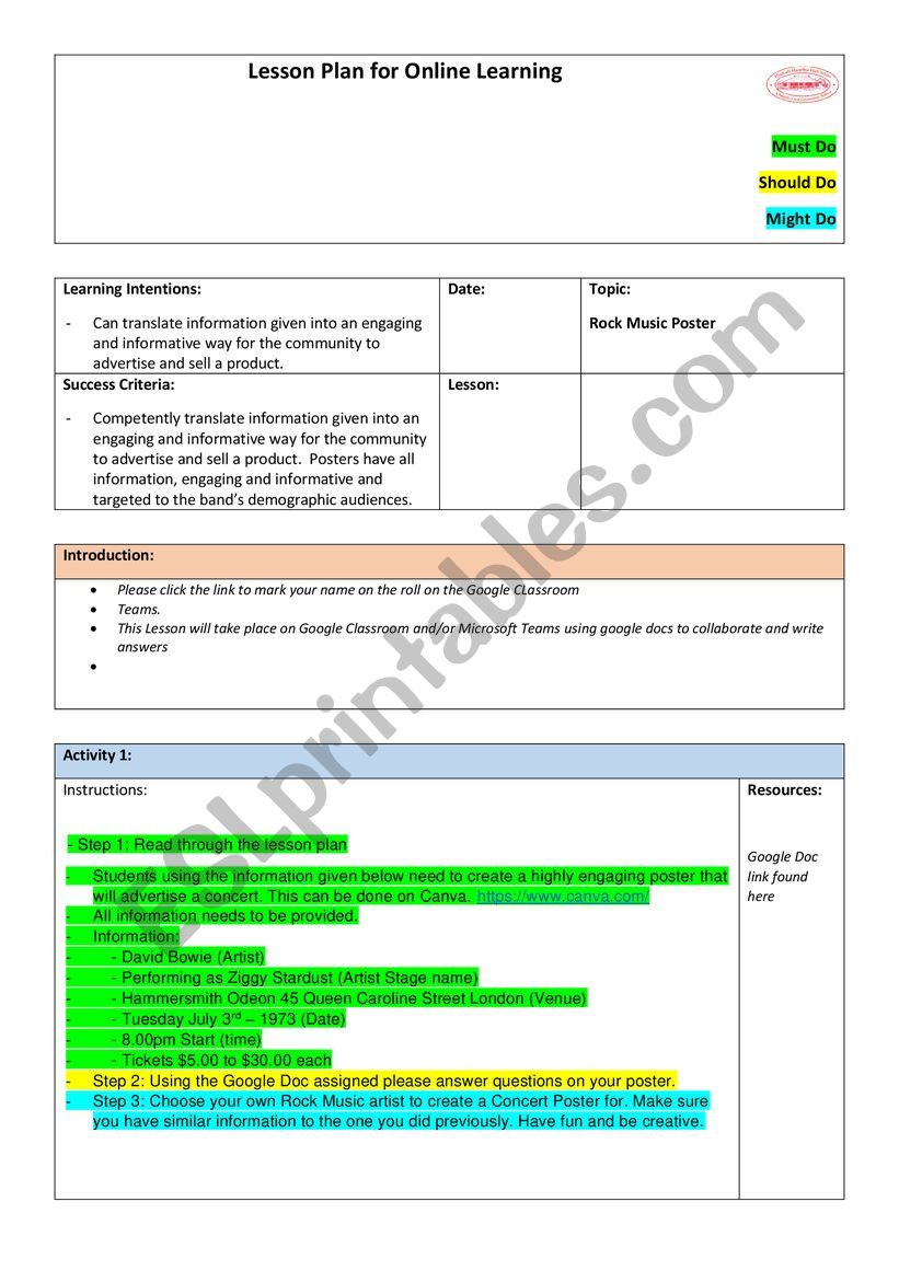Creating a Rock Music Poster worksheet