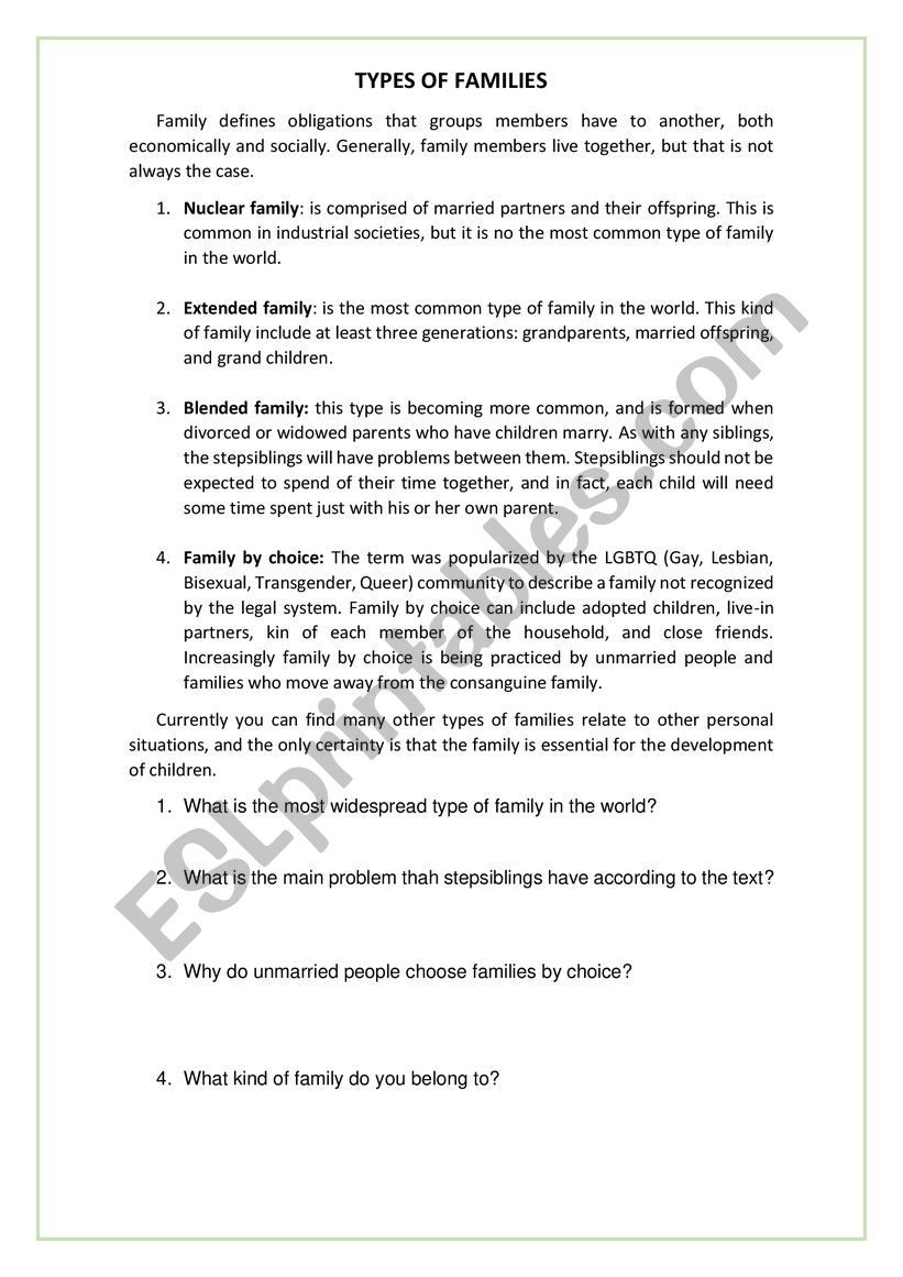 Types of families worksheet