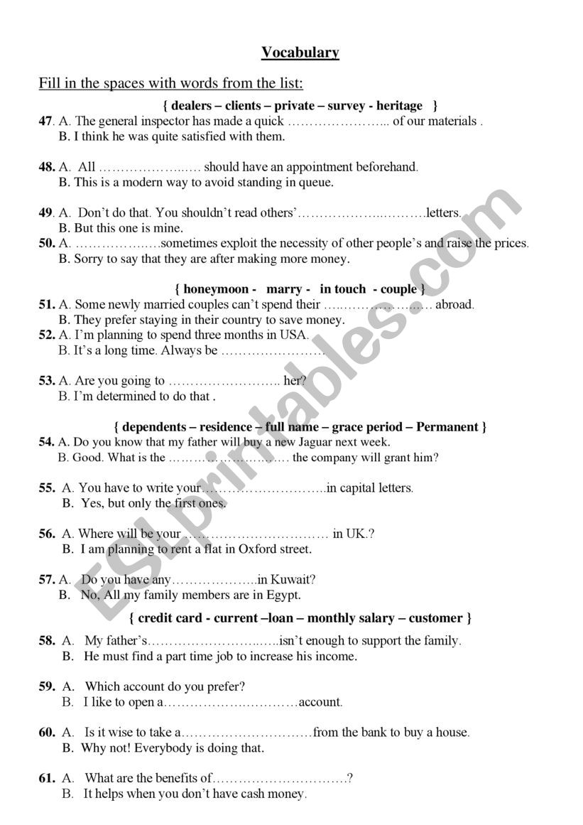 Vocabulary worksheet